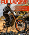 Full Send Electric Dirt Bike For Adults Quick 40 MPH Off Road Electric Motorcycle Blaze Black Orange navigating rocky terrain.