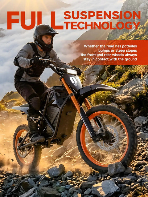 Full Send Electric Dirt Bike For Adults Quick 40 MPH Off Road Electric Motorcycle Blaze Black Orange navigating rocky terrain.
