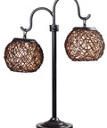 Castillo Outdoor Table Lamp In Oil Rubbed Bronze With Woven Rattan Shades, Rustic Two-Light 29 Inch Patio Lamp For Mediterranean Style