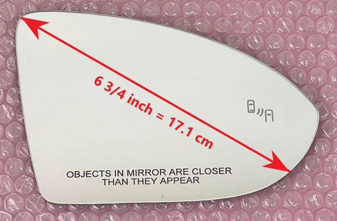 Volkswagen Blind Spot Passthrough Mirror Glass With Full Size Adhesive displaying 6 3/4 inch size on bubble wrap