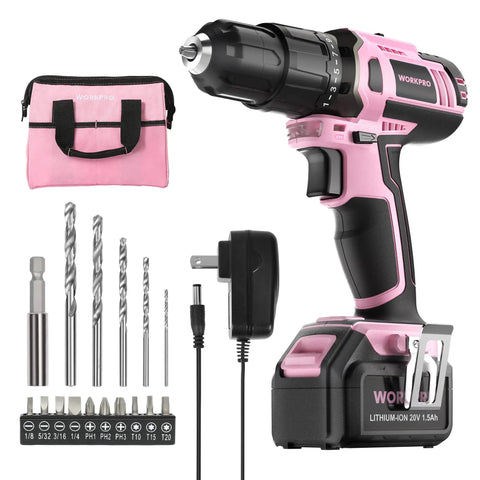 Pink 20V Cordless Drill Driver Set With 1 Battery, Charger And Storage Bag, Great Gift For DIYers And Home Projects, High Power Lithium Ion Performance, Supports Pink Ribbon Cause With Donations To Helping Women Now