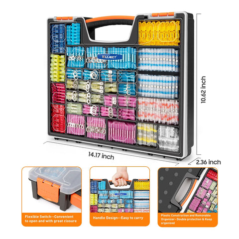 Kuject Ultimate Heat Shrink Wire Connector Kit, 1500pcs, assorted insulated crimp terminals in gray plastic storage case