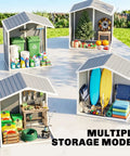Diagram showing multiple uses of a 6 Ft By 4.5 Ft Outdoor Storage Shed Made From Waterproof Resin Plastic With Floor Window And Lockable Door So Your Gear Stays Dry All Weather Garden Tool Shed For Backyard Patio And Lawn Gray