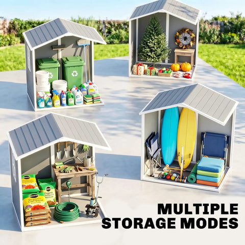 Diagram showing multiple uses of a 6 Ft By 4.5 Ft Outdoor Storage Shed Made From Waterproof Resin Plastic With Floor Window And Lockable Door So Your Gear Stays Dry All Weather Garden Tool Shed For Backyard Patio And Lawn Gray