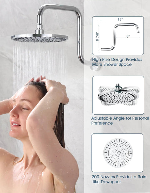 Woman enjoying Shower Faucet Set With Rainfall Shower Head And Handheld Spray, Dope Chrome Shower System, adjustable rain head