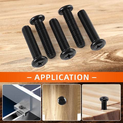 Heavy Duty M4X10MM Flat Head Machine Screws With Black Oxide Coating And Phillips Drive for easy furniture assembly on wood and metal.