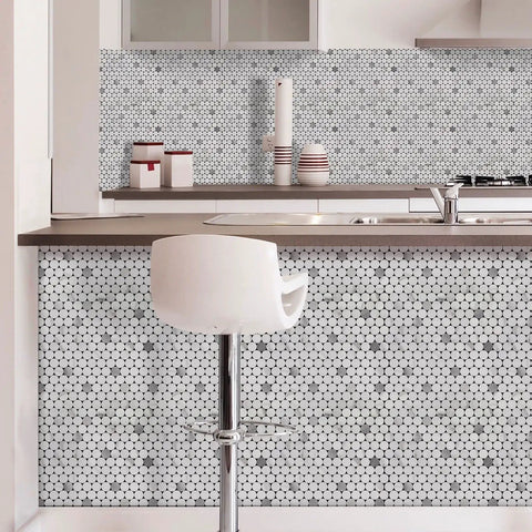 Kitchen featuring Penny Round Tile Peel And Stick Backsplash Kit With White Marble Look And Silver Metal Accent Self Adhesive Mosaic Tiles.