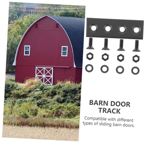 Sliding Barn Door Hardware Connector Kit With Track Connecting Plate For Heavy Duty Metal Construction And Easy Door Alignment Includes Track Fixing Connector For Farmhouse Style Interiors And Modern Barn Doors shown near a red barn exterior.