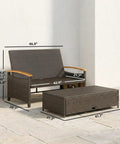 Rattan Outdoor Daybed With Storage Ottoman And Four In One Functionality Adjustable Backrest In Four Positions Folding Side Trays Acacia Wood Armrests Double Sun Lounger With Cushions And Pillows Beige positioned outdoors with dimensions visible.
