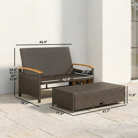 Rattan Outdoor Daybed With Storage Ottoman And Four In One Functionality Adjustable Backrest In Four Positions Folding Side Trays Acacia Wood Armrests Double Sun Lounger With Cushions And Pillows Beige positioned outdoors with dimensions visible.