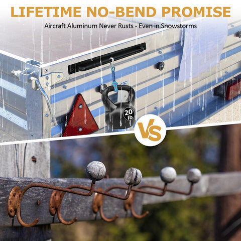 Image comparing rust-proof aluminum tie down hanger versus rusted hooks, highlighting durability of 2 Pack Aluminum Tie Down Hanger Wall Mount Organizer For Ratchet Straps Bungee Cords And Cables Rust Proof Lightweight Storage Rack For Trailers Garages And Shops Holds Up To 20 Lbs Each Easy 2 Minute Install.