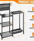 Freestanding Fishing Rod Rack With 3 Tier Shelves And Pegboard Basket Heavy Duty Pole Holders For Garage Holds Up To 12 Rods Scratch Resistant Slots Black with dimensions labeled