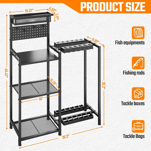 Freestanding Fishing Rod Rack With 3 Tier Shelves And Pegboard Basket Heavy Duty Pole Holders For Garage Holds Up To 12 Rods Scratch Resistant Slots Black with dimensions labeled