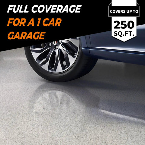 Epoxy Colored Sand Floor Paint Kit 3 Gallons Gray Marble Texture Self-Leveling Floor Coating for garage shown with car wheel