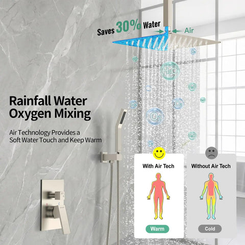 High Quality Ceiling Mount Rain Shower System In Brushed Nickel Featuring A Slick Pressure Balance Valve That Kills Water Hammer Noise For A Truly Top Notch Bathroom Setup