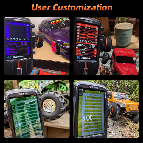 8 Channel 2.4G RC Transmitter With R8FG And R4FGM V2.1 Gyro Receiver next to RC cars, showcasing user customization screen.