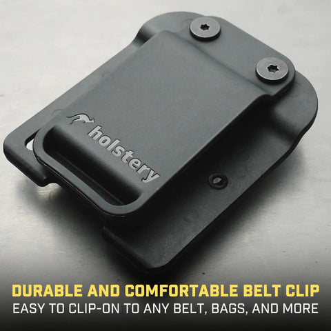 Magnetic Tool Holder Clip On Belt Holster displayed on metal surface with visible belt clip and screws
