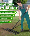 Man using Heavy Duty Lawn Leveling Rake With 68 Inch Adjustable Stainless Steel Handle For Leveling Soil Grass Sand Or Dirt