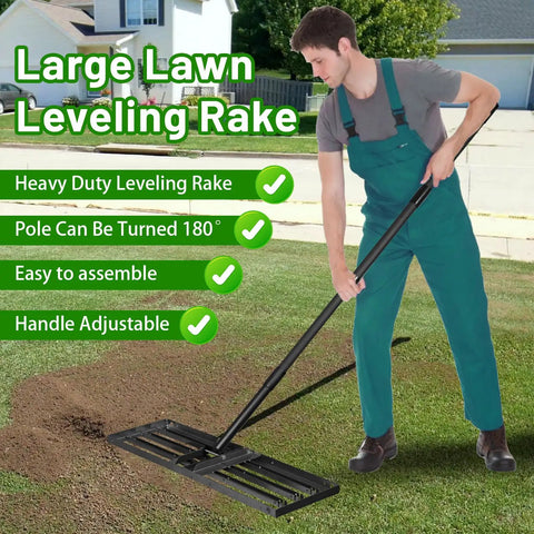 Man using Heavy Duty Lawn Leveling Rake With 68 Inch Adjustable Stainless Steel Handle For Leveling Soil Grass Sand Or Dirt