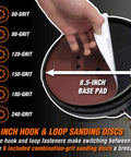 Close-up of 9-inch hook and loop sanding pad for Drywall Sander With Variable Speed 600 To 1500 RPM 5 Amp Motor with disc options.