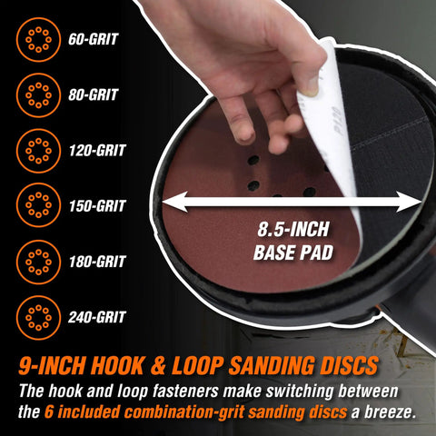 Close-up of 9-inch hook and loop sanding pad for Drywall Sander With Variable Speed 600 To 1500 RPM 5 Amp Motor with disc options.