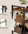 Five Tier Shoe Rack With Hooks, Adjustable Mesh Shelves, Metal Storage Organizer For Entryway And Closet, showcasing hooks and mesh shelves