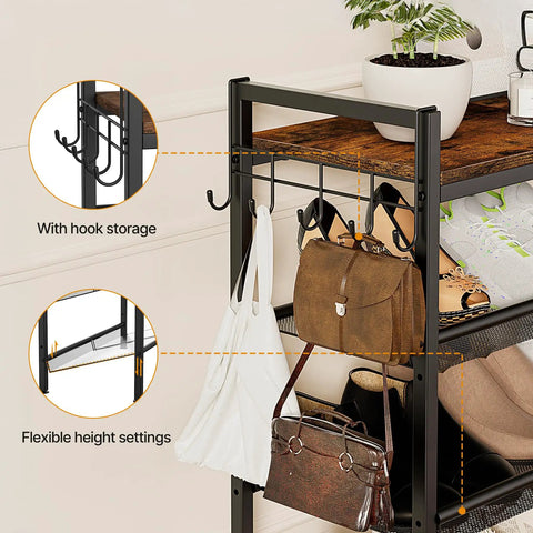 Five Tier Shoe Rack With Hooks, Adjustable Mesh Shelves, Metal Storage Organizer For Entryway And Closet, showcasing hooks and mesh shelves