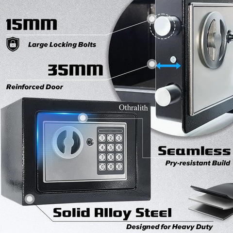 Compact Hidden Safe Box For Money And Valuables With Keys And Digital Code, showing steel construction and locking bolts.
