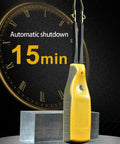 Yellow Handheld Digital Multimeter For Electronics Testing With LED And Diode Check, standing on a clear block with clock background.