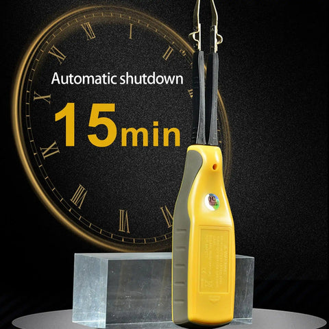 Yellow Handheld Digital Multimeter For Electronics Testing With LED And Diode Check, standing on a clear block with clock background.