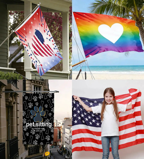 Various designs of Totally Custom Flag 3x5 Ft For Indoor Outdoor Use With Photo Text Logo Personalize This American Banner displayed.
