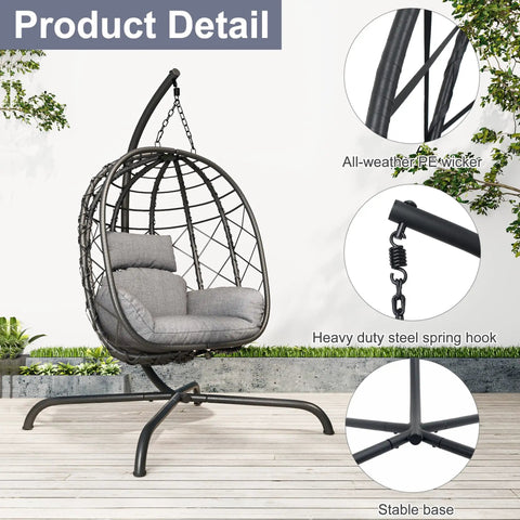 Cozy Hanging Egg Chair With Stand For Indoor Outdoor Use Wicker Rattan Swing Hammock With Thick Cushion 400 Lb Capacity