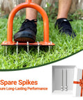39 Inch Lawn Aerator With 15 Industrial Grade No 45 Steel Spikes in use on lawn, spare spikes included for garden maintenance.
