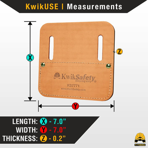 TIKO Tie Wire Reel Pad With Lightweight Leather Hip Pad For Ironworkers Belt Attachment shown with dimensions.