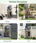 Four scenes of Metal Yard Tool Organizer With Side Pocket And Six Pockets Holds 50 Long Handled Tools in garage, garden, shed, yard