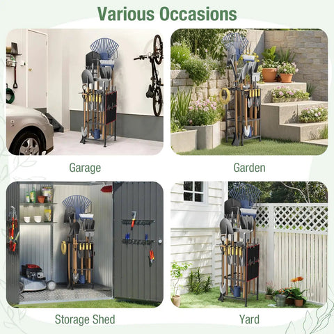 Four scenes of Metal Yard Tool Organizer With Side Pocket And Six Pockets Holds 50 Long Handled Tools in garage, garden, shed, yard