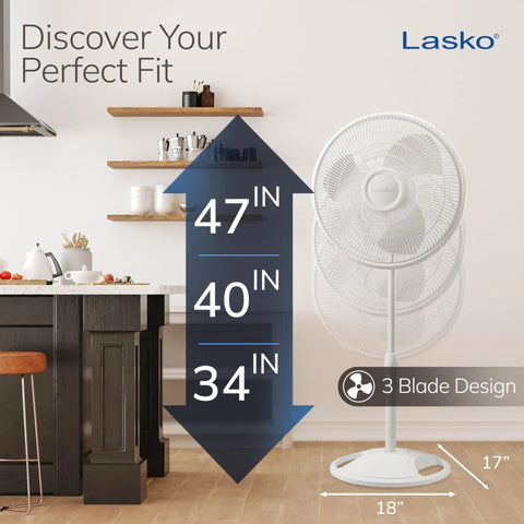 16 Inch Oscillating Pedestal Fan With Wide Area Breeze For Whole Room Adjustable Height And Tilt Head Easy Grip Rotary Control White