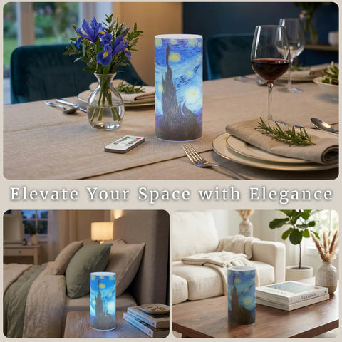 Van Gogh Starry Night Flameless Candles With Remote on dining table and living room, Battery-Operated LED Candles.