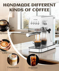 Semi Automatic Espresso Machine With 20 Bar Italian Pump shooting thick rich crema making a latte and espresso drinks.