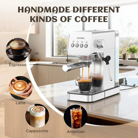 Semi Automatic Espresso Machine With 20 Bar Italian Pump shooting thick rich crema making a latte and espresso drinks.