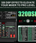 Close-up of 6 Channel Portable Mixer With 320 DSP Effects, showing control panel and digital effect list, for PC recording.
