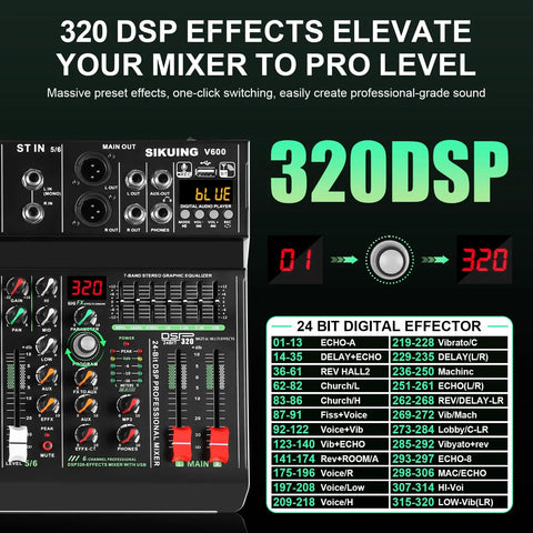 Close-up of 6 Channel Portable Mixer With 320 DSP Effects, showing control panel and digital effect list, for PC recording.
