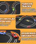 Various track designs with circular overpass and guardrail on the Epic Slot Car Track Set With Four Fast Cars Battery Or Electric Power Dual Lap Counter Circular Overpass Raceway Easy Build Fun For Boys And Kids Realistic Fast Paced Racing Action For Ages 6 7 8 9 10 11 12