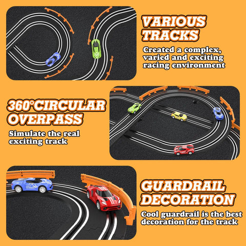 Various track designs with circular overpass and guardrail on the Epic Slot Car Track Set With Four Fast Cars Battery Or Electric Power Dual Lap Counter Circular Overpass Raceway Easy Build Fun For Boys And Kids Realistic Fast Paced Racing Action For Ages 6 7 8 9 10 11 12