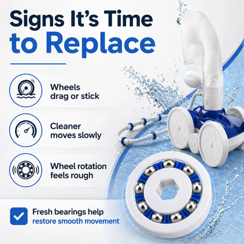 Signs for replacing 8-Pack Wheel Ball Bearings Replacement for 9-100-1108 Pool Cleaner Wheel Assemblies.