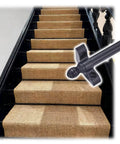 Solid Adjustable Stair Runner Rods In Vintage Brass Finish With Non-Slip Grip, Complete Installation Kit Including Brackets Screws And End Caps For Easy Carpet Setup On Any Home Flooring Project That Needs A Classy Upgrade, black stair runner rod on carpeted steps