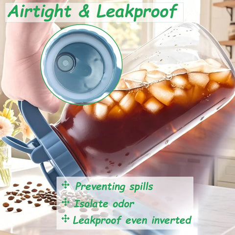 Two Pack 64 Oz Wide Mouth Pitchers With Stainless Steel Filters, glass jug pouring iced tea, showing leakproof lid.