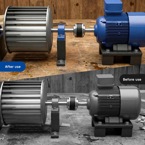 Comparison of motor and fan setup before and after using 130 Pcs Slotted Stainless Steel Shim Kit 2 By 2 Inch With 13 Thicknesses For Precision Leveling And Calibration Of Machine Tools Pro Grade Shim Set For Machining And Tooling.