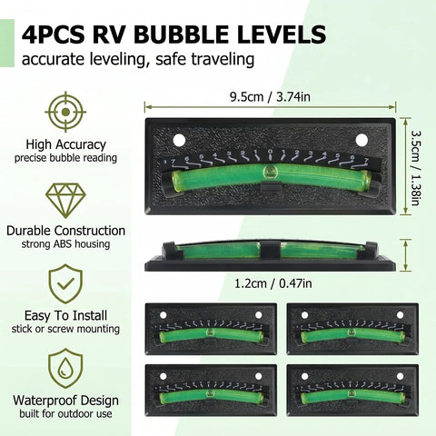 Badass Rv Level Bubbles 4 Pack With Crisp Graduated Scale And UV Resistant Green Liquid Fade Free High Viz Level Indicator For Camper Trailer Pickup Truck, showing four levels with accurate measurements.