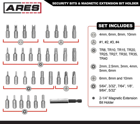 Security Bit Set With Magnetic Extension Bit Holder For Fast Tamper Resistant Fasteners, 33-Piece Kit Includes Tri-Wing Bits, Pro Grade SAE And Metric Hex Bits, Torx And Spanner Bits For Home, Auto, And DIY Projects